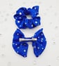 Royal blue holographic satin clip on bow and scrunchie set.   - Image 7