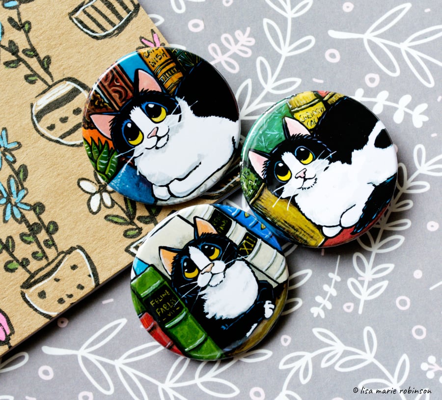 Cats and Books Badges - 38mm - Set of 3