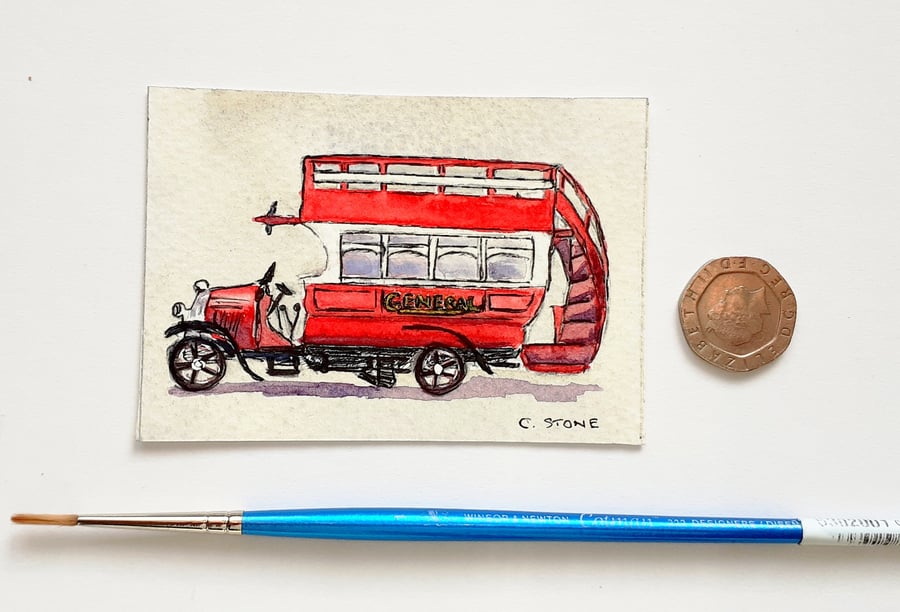 Original ACEO miniature watercolour, Vintage B type London Bus