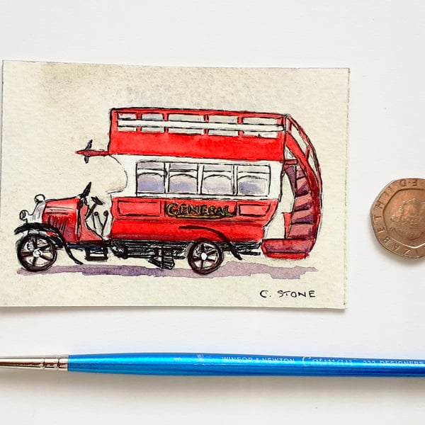 Original ACEO miniature watercolour, Vintage B type London Bus