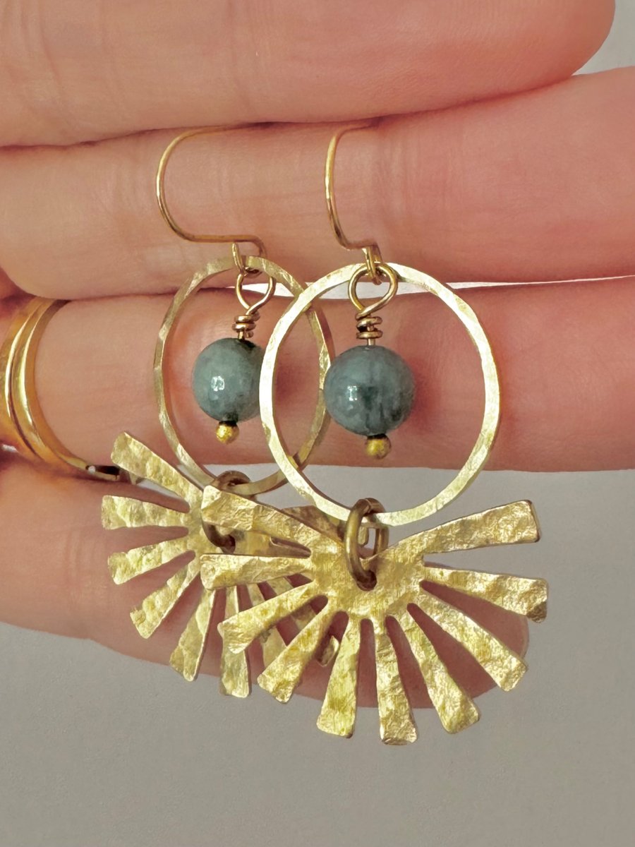 Textured Brass Earrings With Eagle Eye Gemstone Beads Handmade in Cornwall 