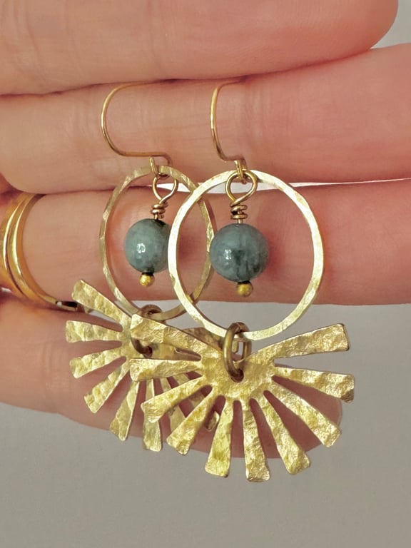 Textured Brass Earrings With Eagle Eye Gemstone Beads Handmade in Cornwall 