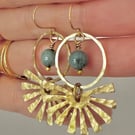 Textured Brass Earrings With Eagle Eye Gemstone Beads Handmade in Cornwall 