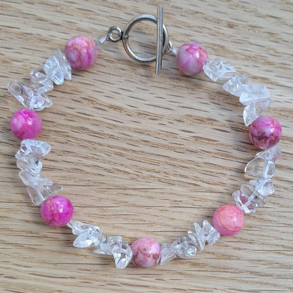 Pink Stone Bead and Clear Crystal Chip Bracelet