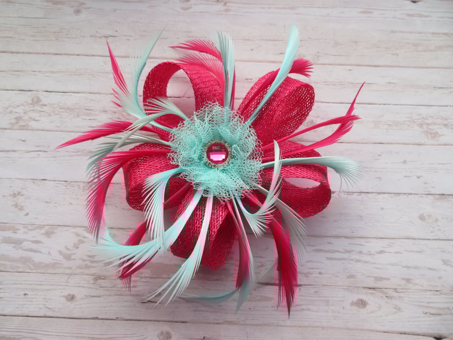 Cerise Fuchsia Pink and Pale Aqua Blue Sinamay Loop Feather Crystal Clip 
