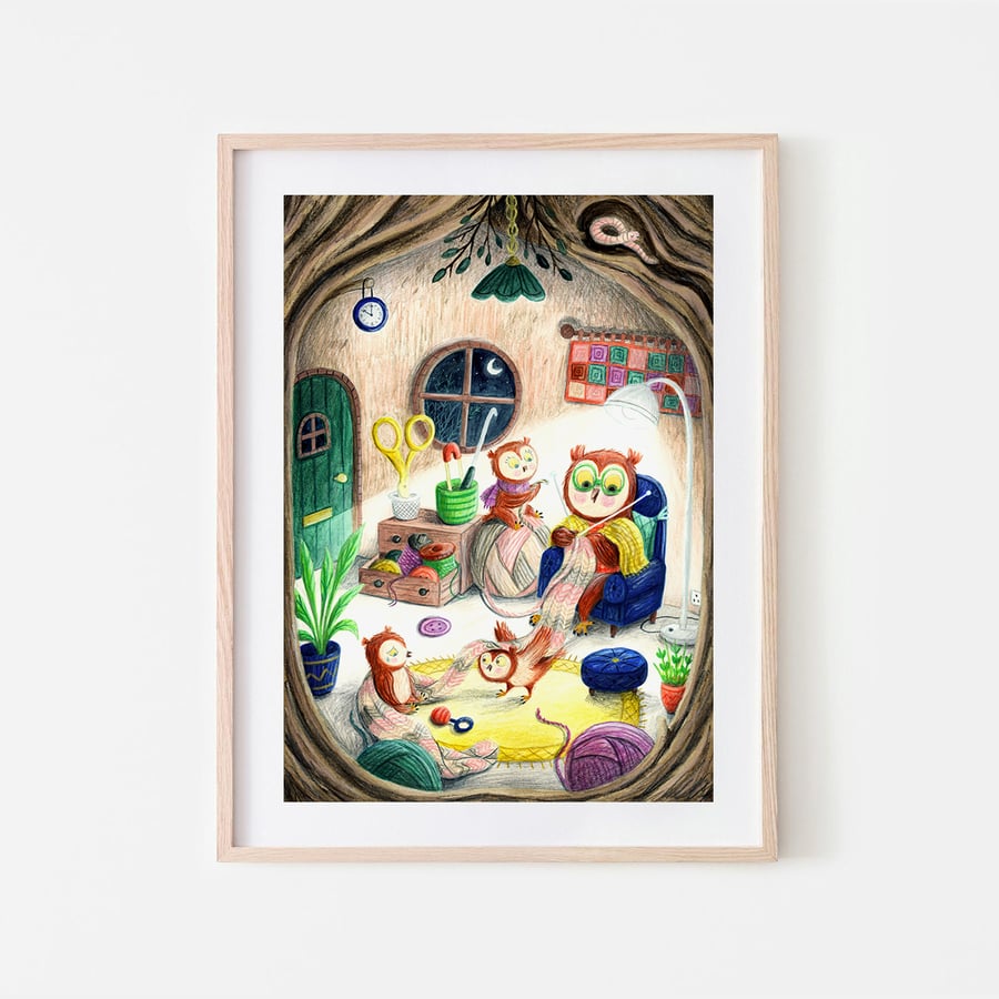 Owl print - Family art - Children illustration - Owl Lovers - A4 art print