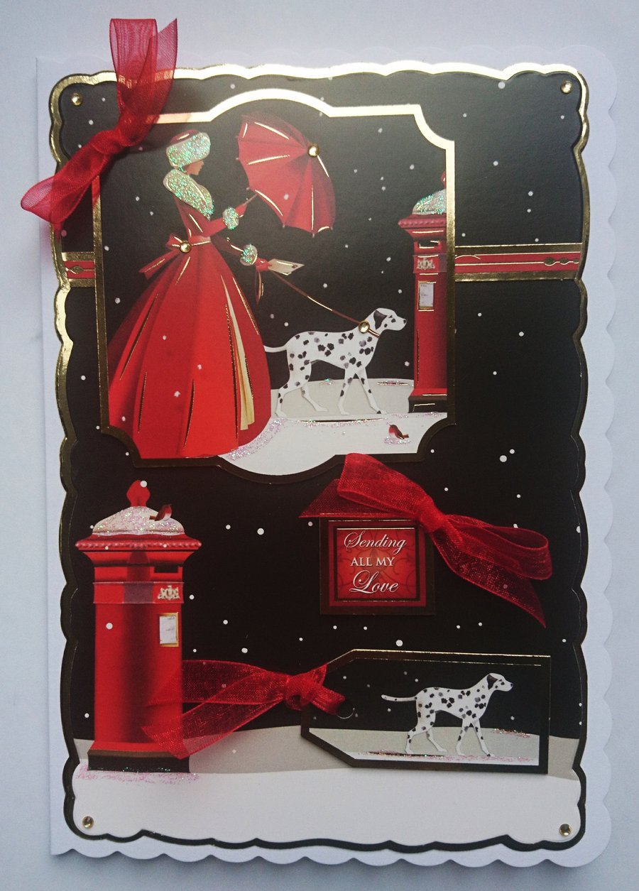 Christmas Card Dalmatian Dog Lady Red Coat Sending Love