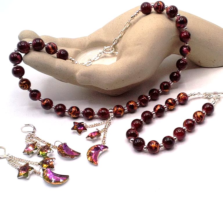 Maroon Glass Bead & Silver Plated Spacer Jewellery with Vitrail Moon and Stars