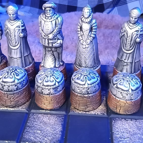 Chess Set, Scottish and English figures, hand made and coloured to order.