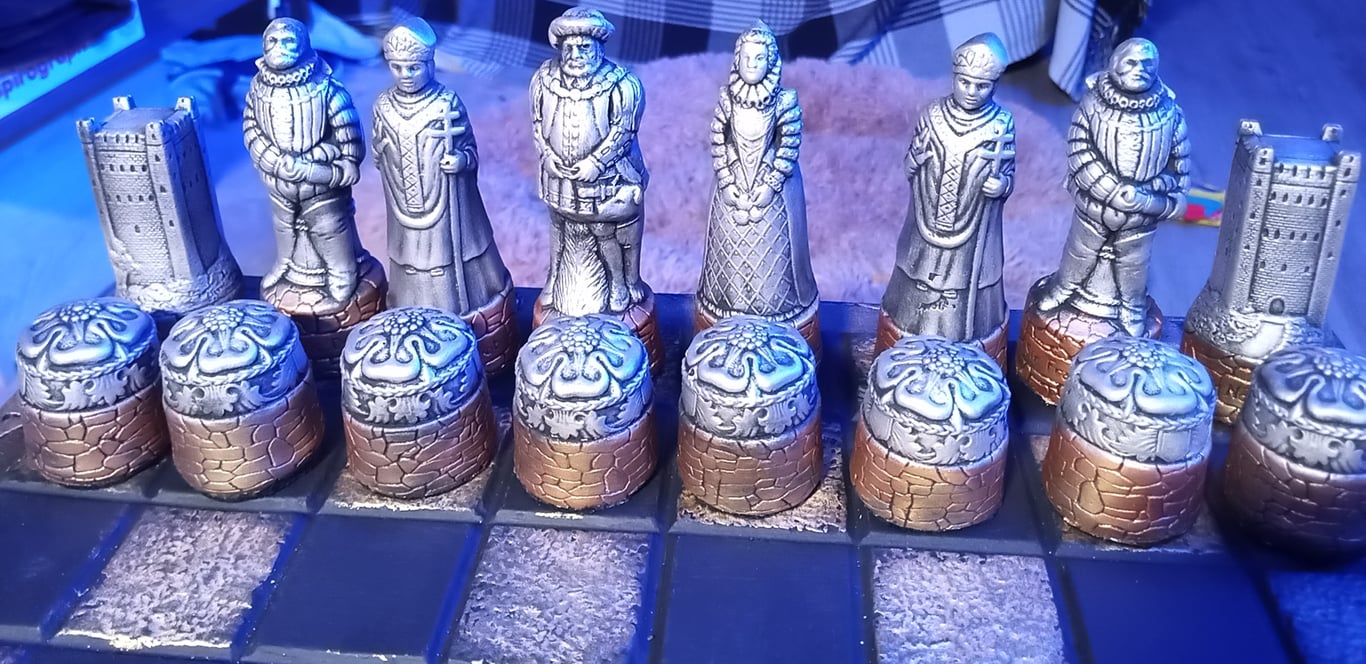 Chess Set, Scottish and English figures, hand made and coloured to order.