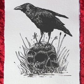 Raven & Skull - Handmade Khadi Paper Giclée Print - David W. J. Lloyd - Raven