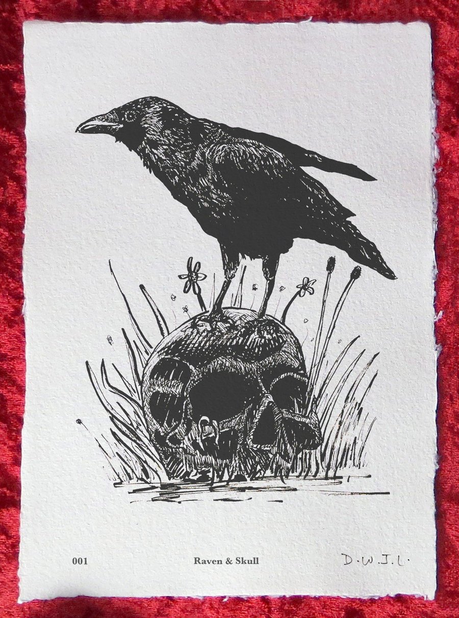 Raven & Skull - Handmade Khadi Paper Giclée Print - David W. J. Lloyd - Raven