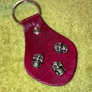 Red Leather Keyring - 3 Grinning Skull Heads - FREE SHIPPING