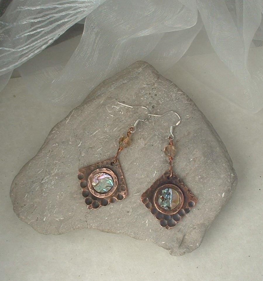 Rustic Copper Diamond Shaped Earrings with Mother of Pearl