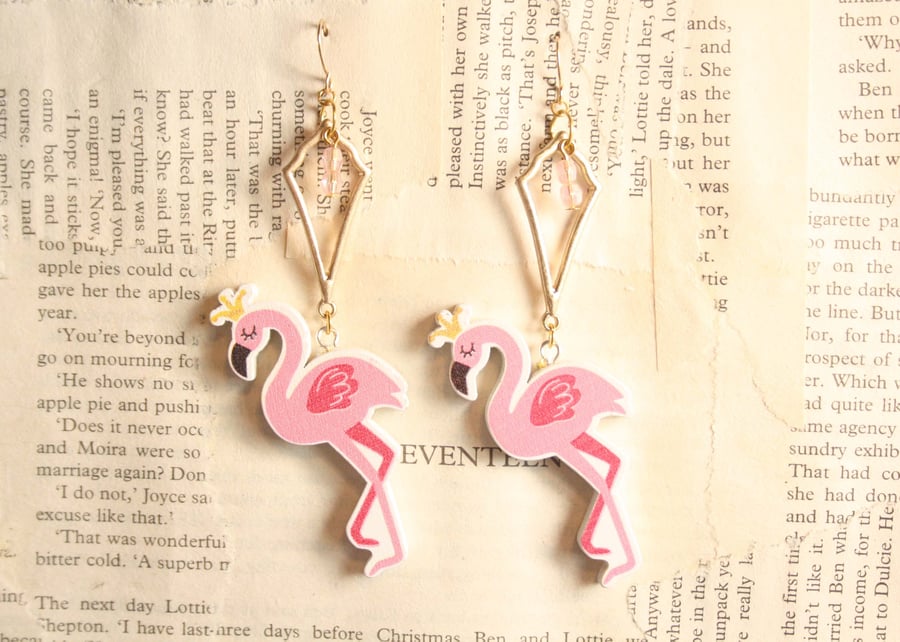 Pink Flamingo Gold Tone Earrings