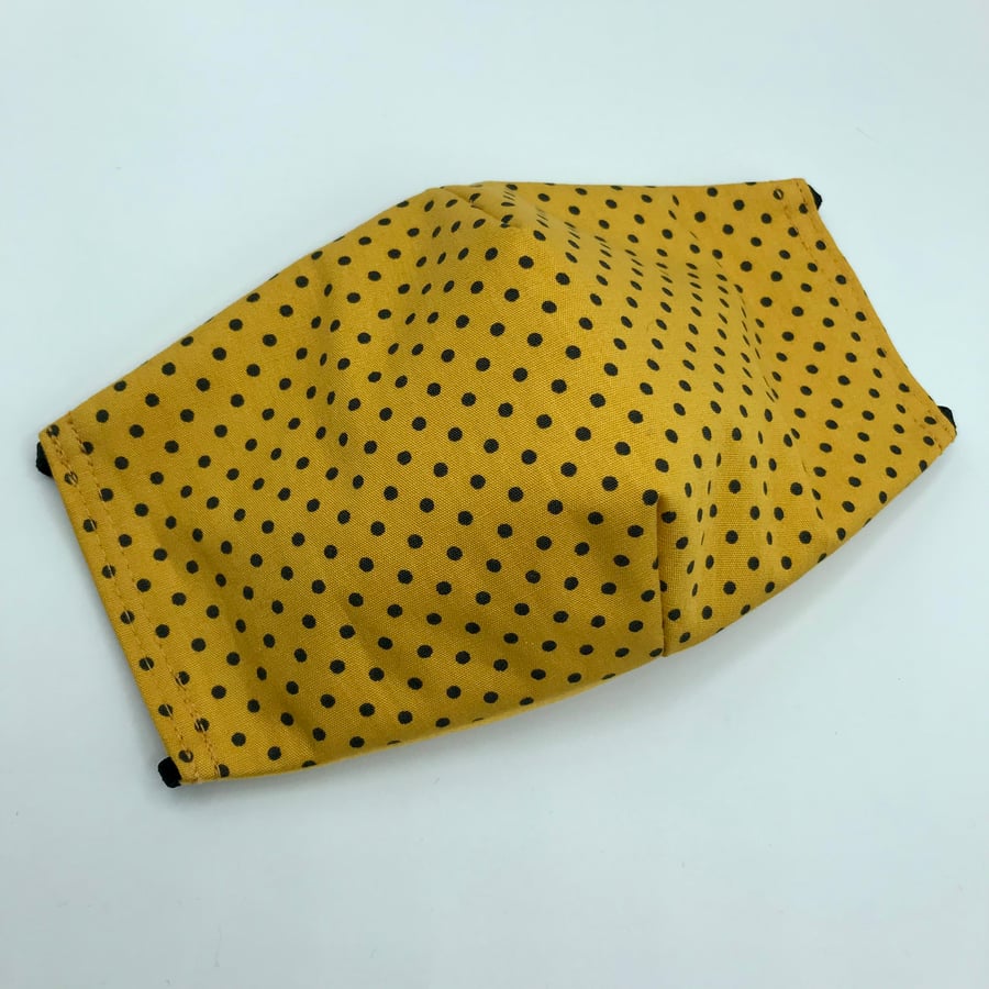 Yellow and Black Polka Dot Face Mask. Triple layered. 100 % Cotton Fabric.