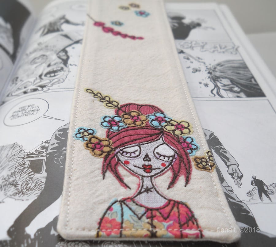 freehand embroidered fabric bookmark floral crown zombie