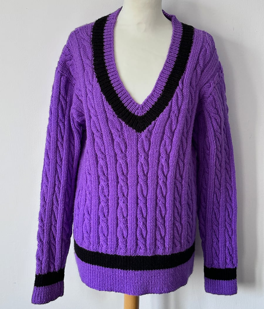 Hand Knitted V Neck Purple Cricket Jumper by Bexknitwear