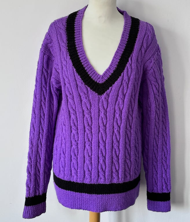 Hand Knitted V Neck Purple Cricket Jumper by Bexknitwear