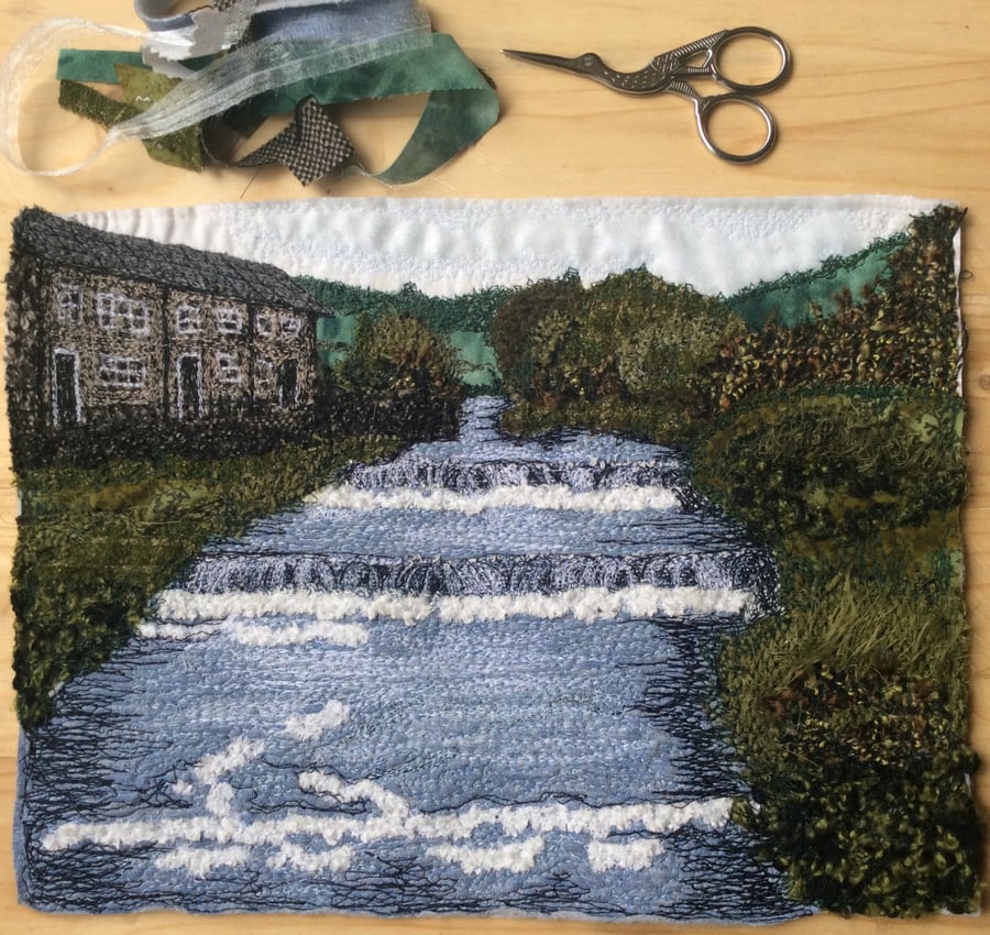 Up-cycled embroidered landscape of Gayle Beck, Hawes in the Yorkshire Dales. 