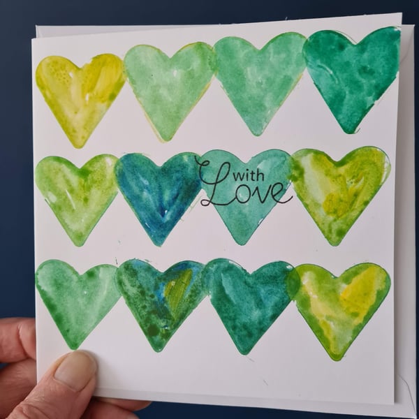 Anniversary card blue teal heart valentine's watercolour handpainted