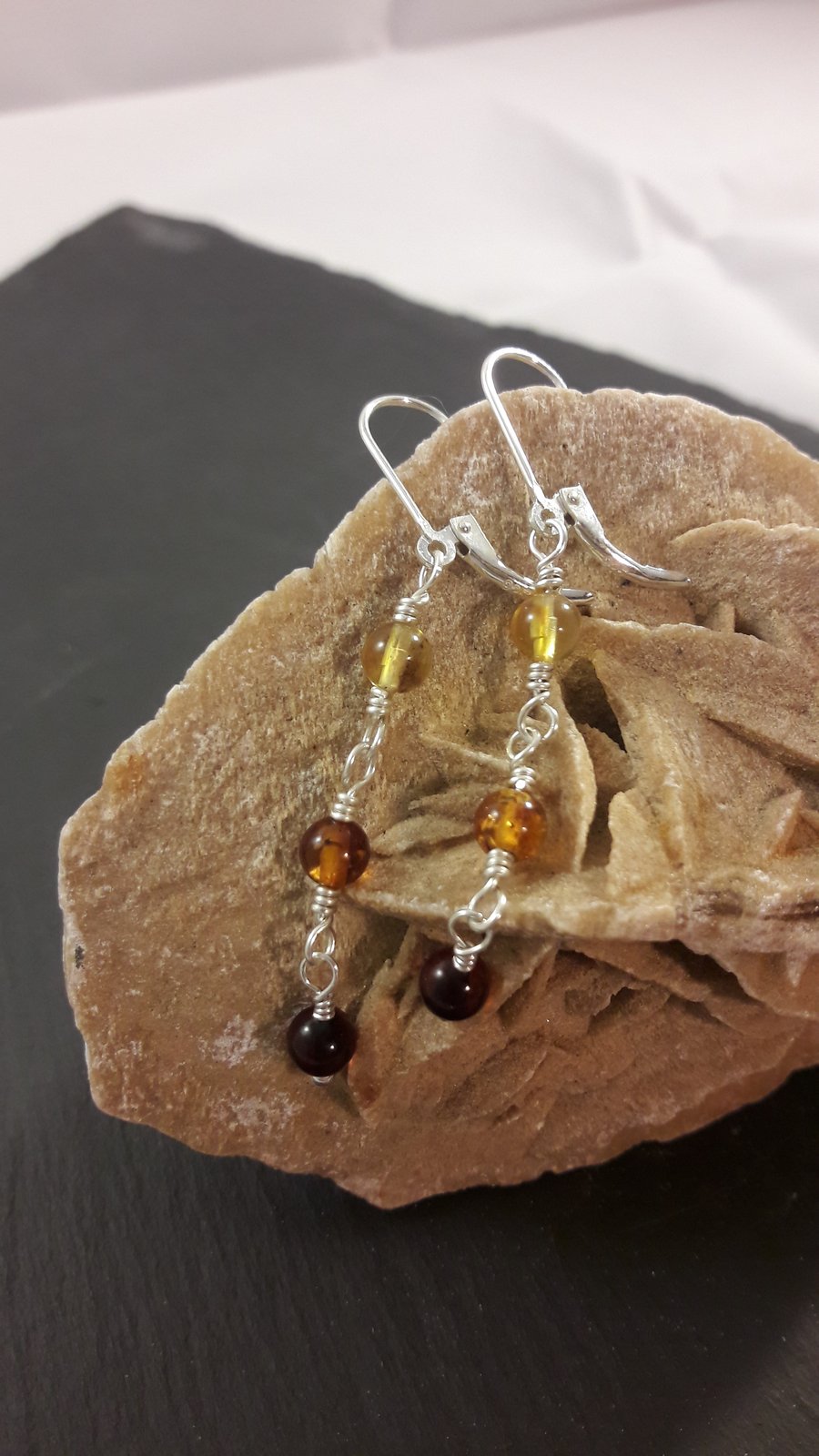 Tricolour Baltic Amber and Sterling Silver Long Earrings
