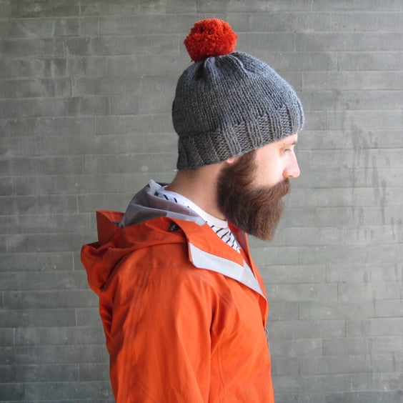 Bobble Hat in Grey Chunky Yarn with Burnt Orange Pom Pom