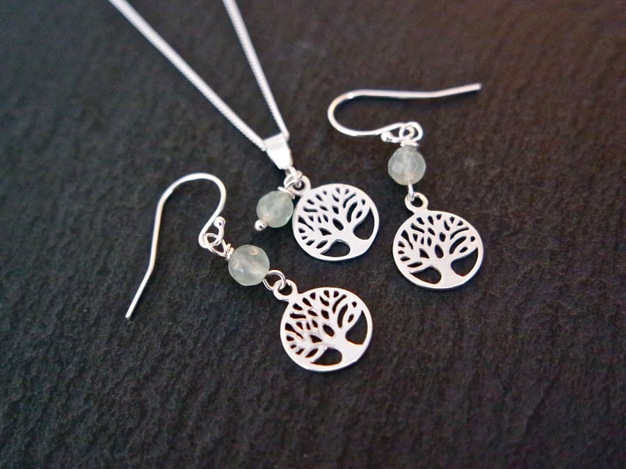 Beautiful Bundle - Tree of Life Earring and Necklace Set - Silver Aventurine 