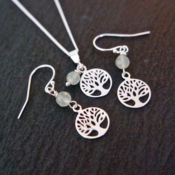 Beautiful Bundle - Tree of Life Earring and Necklace Set - Silver Aventurine 