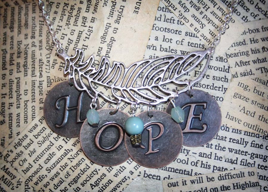 Silver Tone Feather Hope Inspirational Word Turquoise Bead Necklace