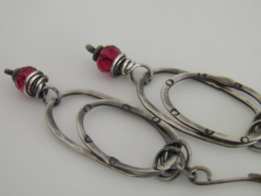 Ruby Red Sterling Silver Oval Hoop Earrings