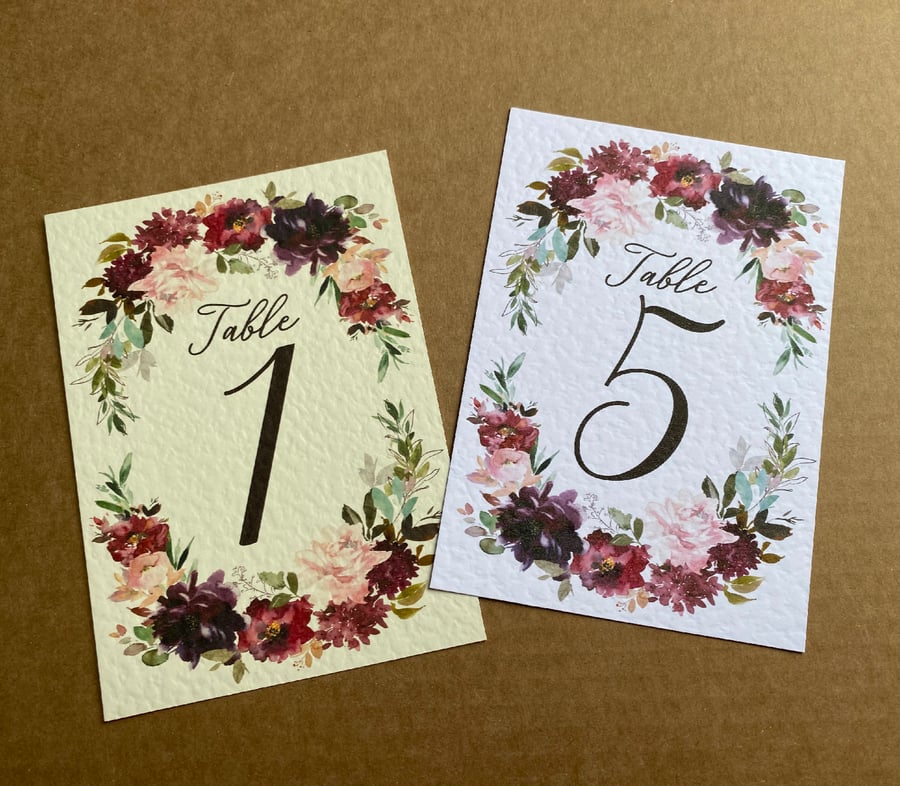 Burgundy blush pink peony flower TABLE NUMBERS purple rose card wedding foliage