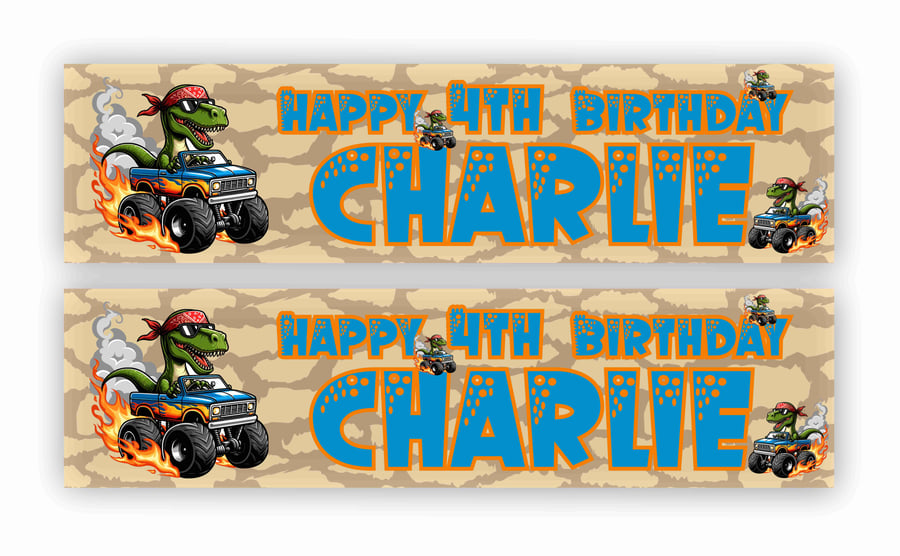 Personalised Birthday Banner Dinosaur on a Monster Truck Design for Birthdays