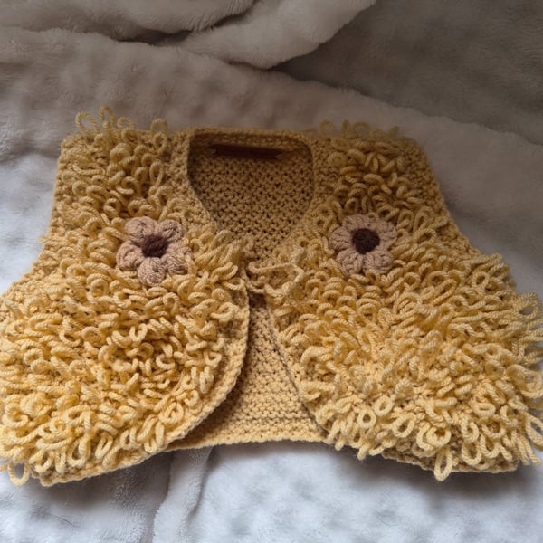 Girls handknit loopy bolero with flowers