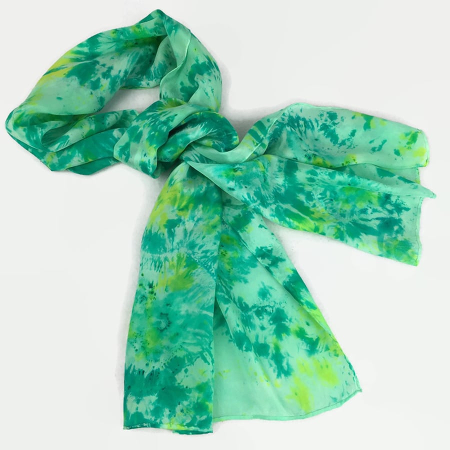 Hand dyed crepe de chine silk scarf in green and yellow with circular pattern