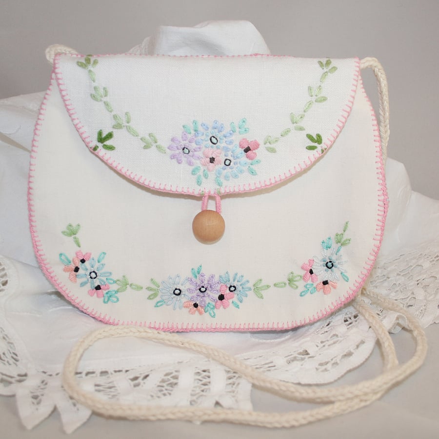 Pink and White Embroidered Bag from vintage linens