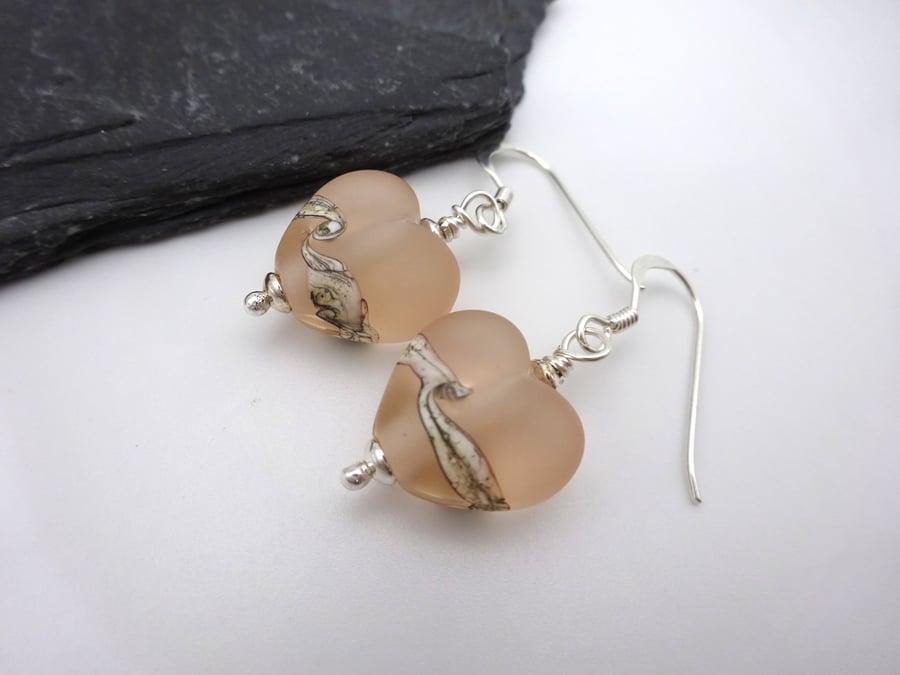 peach pink glass heart earrings