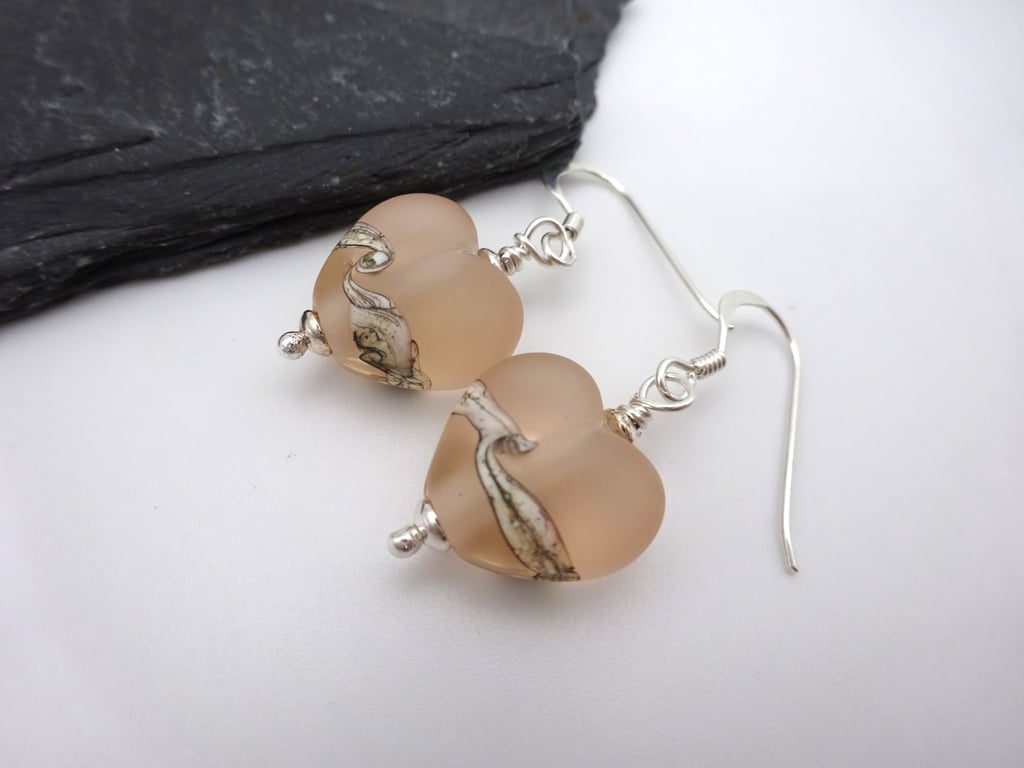 peach pink glass heart earrings