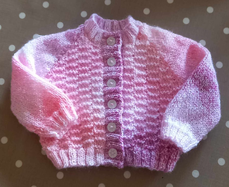 Hand knitted baby cardigan pink mix dk 0-3 months
