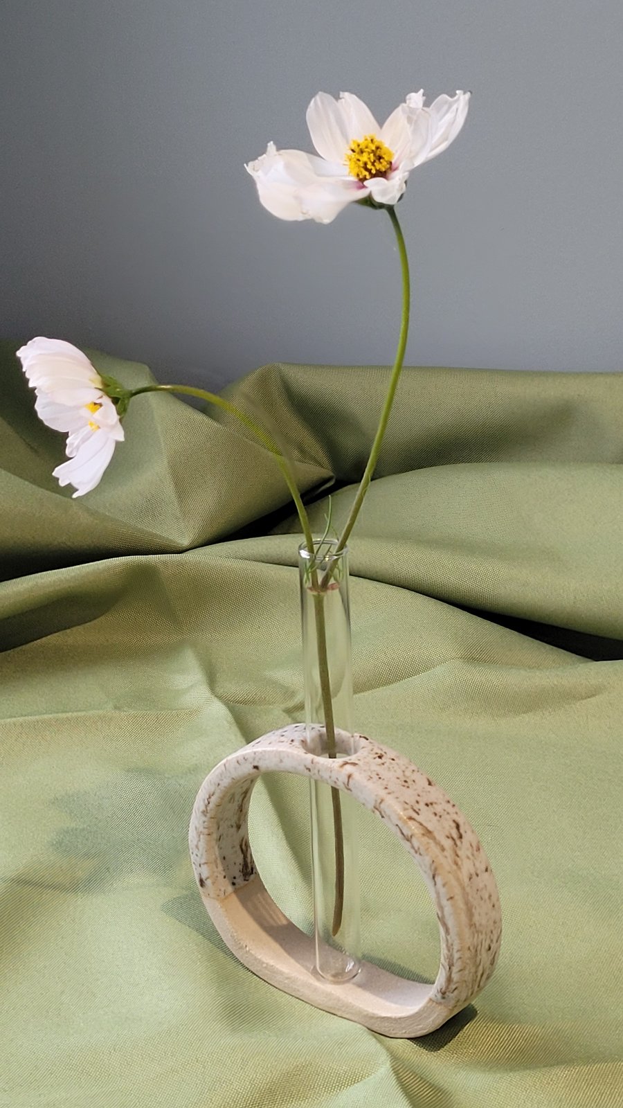 Cream speckled test tube stem vase handmade pottery