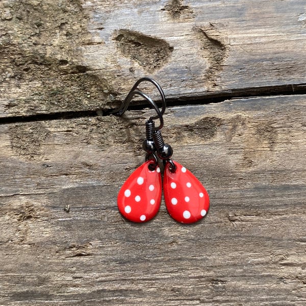 Red & White Spot Enamel Teardrop Earrings. Sterling silver available