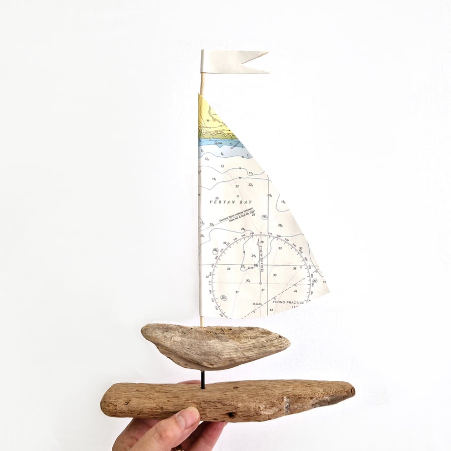 Cornwall - Veryan Bay driftwood sailboat ornament, authentic nautical map sail