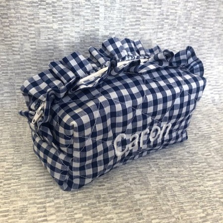 Personalised Embroidered Gingham Makeup Cosmetic Bag with Frilly Edge