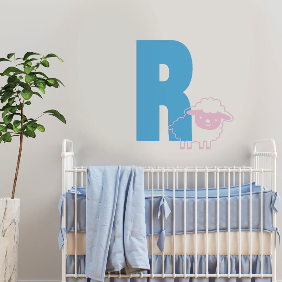 Personalised Initial & Animal Wall Sticker - Sheep: Farm Custom Kids Room Decor