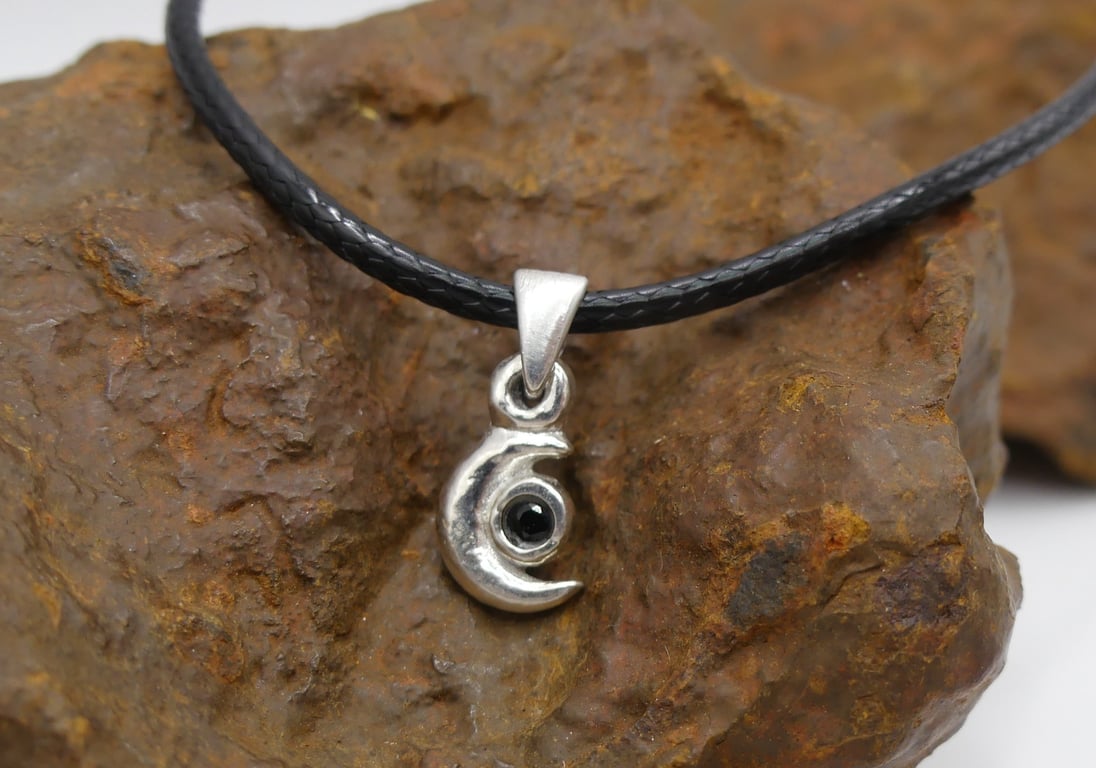 Sterling Silver Half Moon Pendant Black Spinel Gemstone Waxed Cotton Necklace.