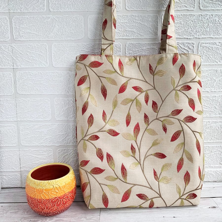 Autumn leaves tote bag in embroidered gold fabric