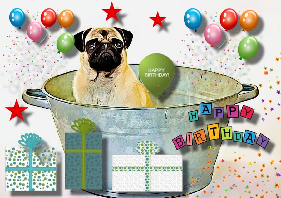 Happy Birthday Pug Bath Card 