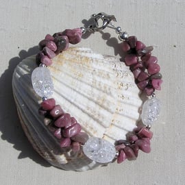 Rhodonite & Crackled Clear Quartz Crystal Gemstone Bracelet "Water Lily Dew"