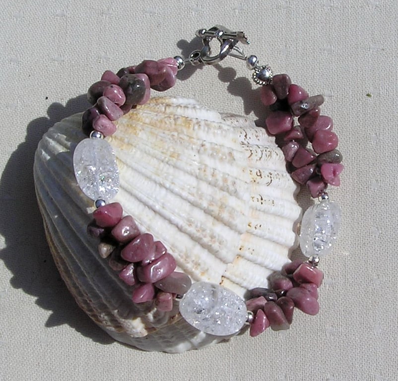Rhodonite & Crackled Clear Quartz Crystal Gemstone Bracelet "Water Lily Dew"