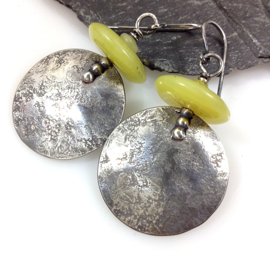 Large round oxidised silver and chartreuse stone earrings 